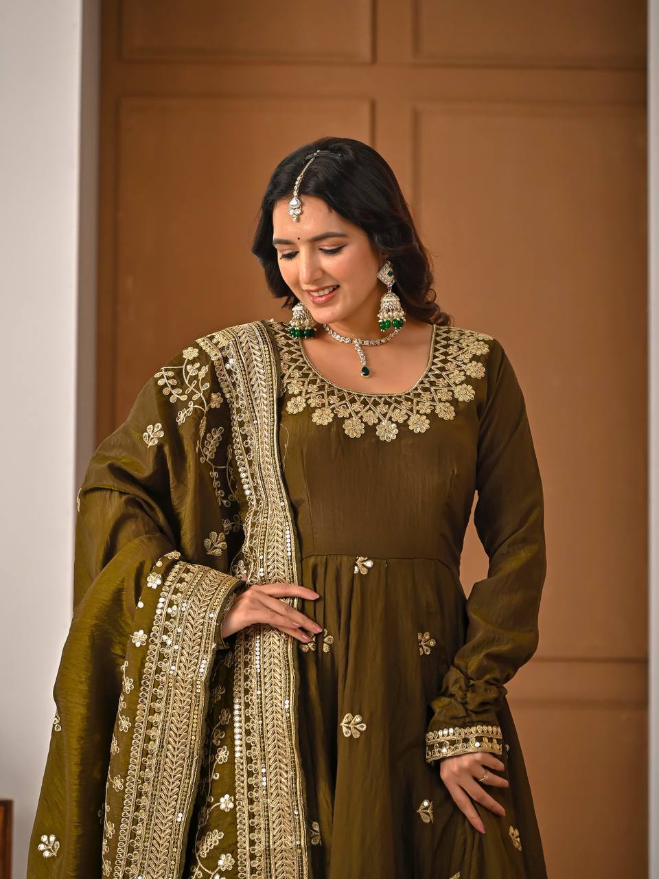 Mehndi Green Vichitra Silk 3-Piece Anarkali Set with 5mm Sequence & Embroidery Work