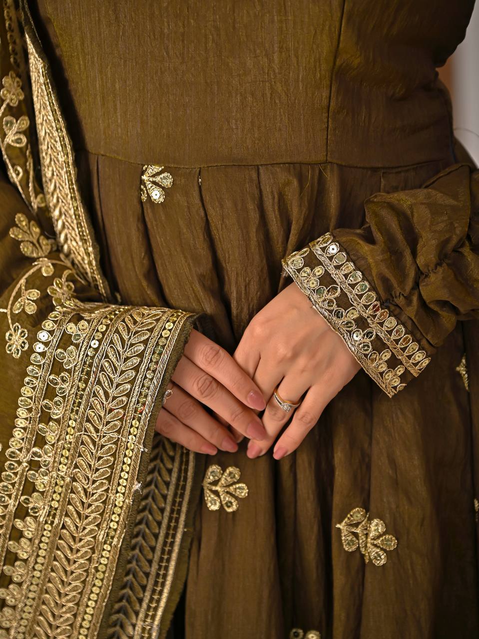 Mehndi Green Vichitra Silk 3-Piece Anarkali Set with 5mm Sequence & Embroidery Work