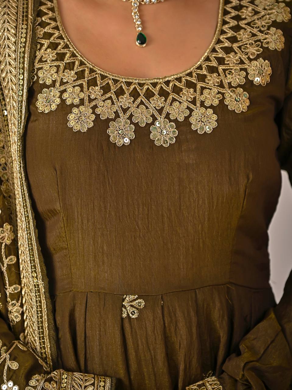 Mehndi Green Vichitra Silk 3-Piece Anarkali Set with 5mm Sequence & Embroidery Work