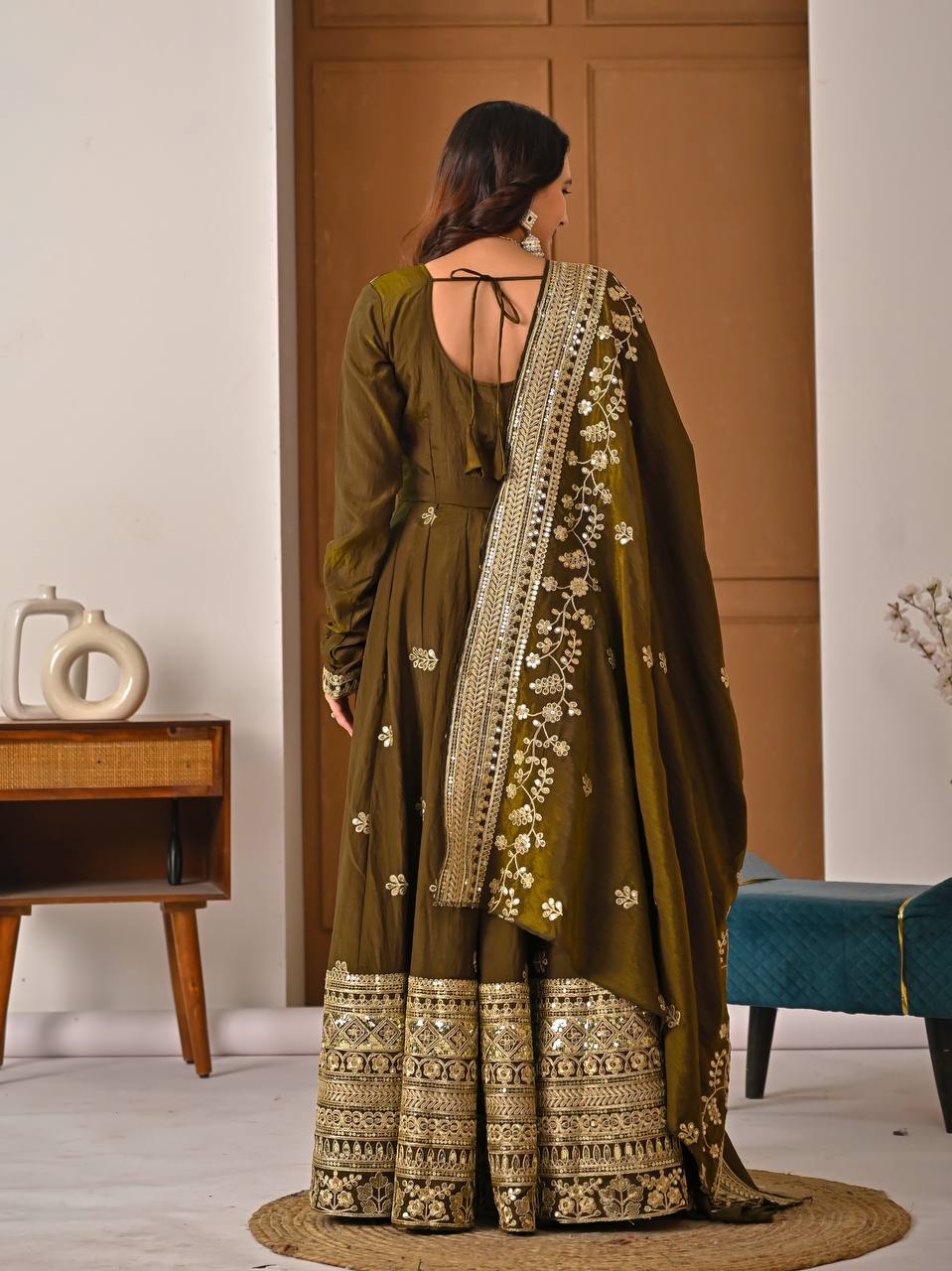 Mehndi Green Vichitra Silk 3-Piece Anarkali Set with 5mm Sequence & Embroidery Work