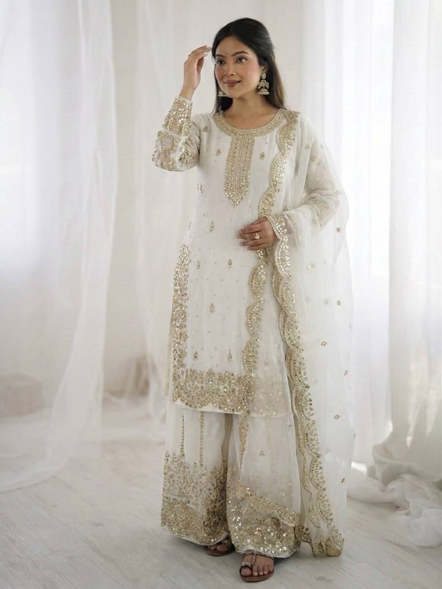 White Fendy Silk Embroidery Coding & Sequence Work Palazzo Suit with Dupatta
