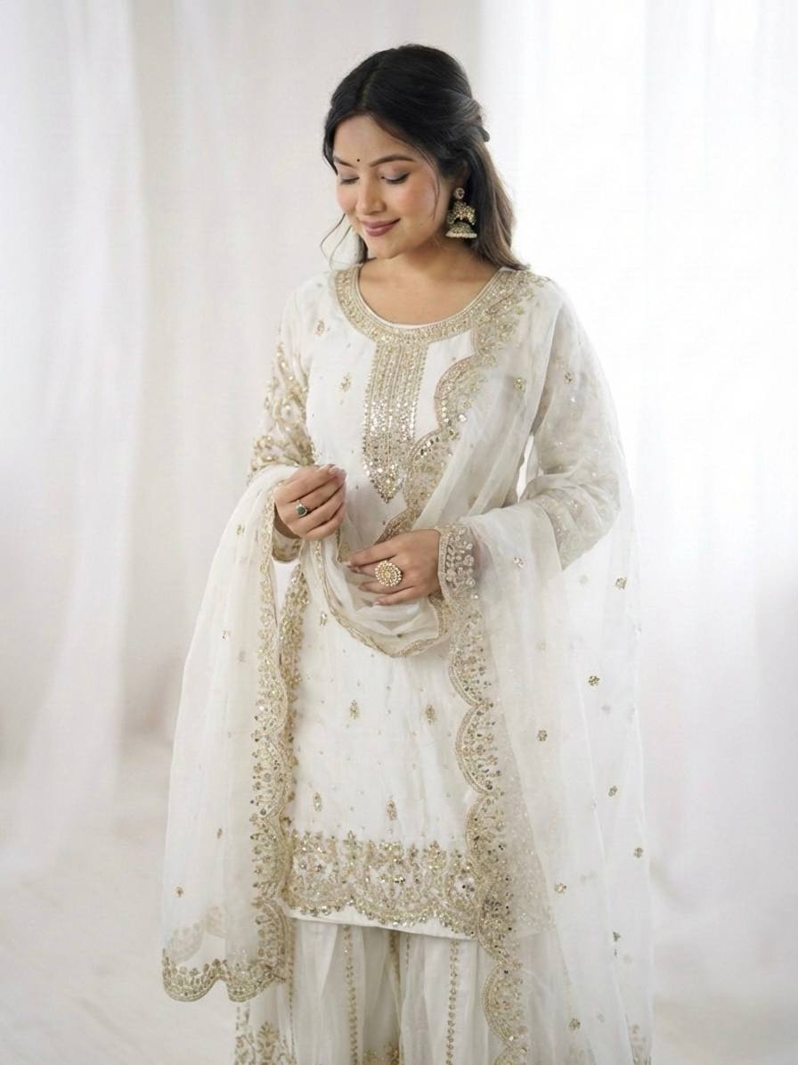 White Fendy Silk Embroidery Coding & Sequence Work Palazzo Suit with Dupatta