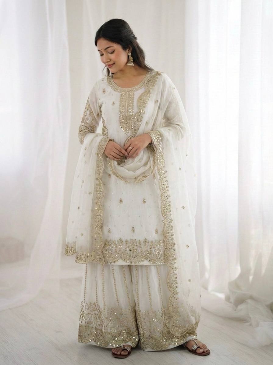 White Fendy Silk Embroidery Coding & Sequence Work Palazzo Suit with Dupatta