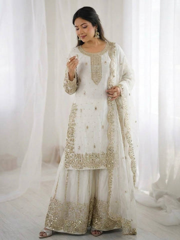 White Fendy Silk Embroidery Coding & Sequence Work Palazzo Suit with Dupatta