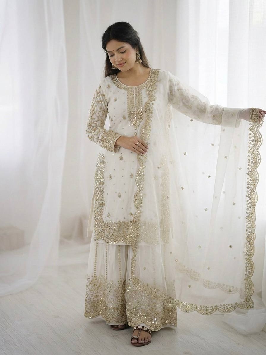 White Fendy Silk Embroidery Coding & Sequence Work Palazzo Suit with Dupatta