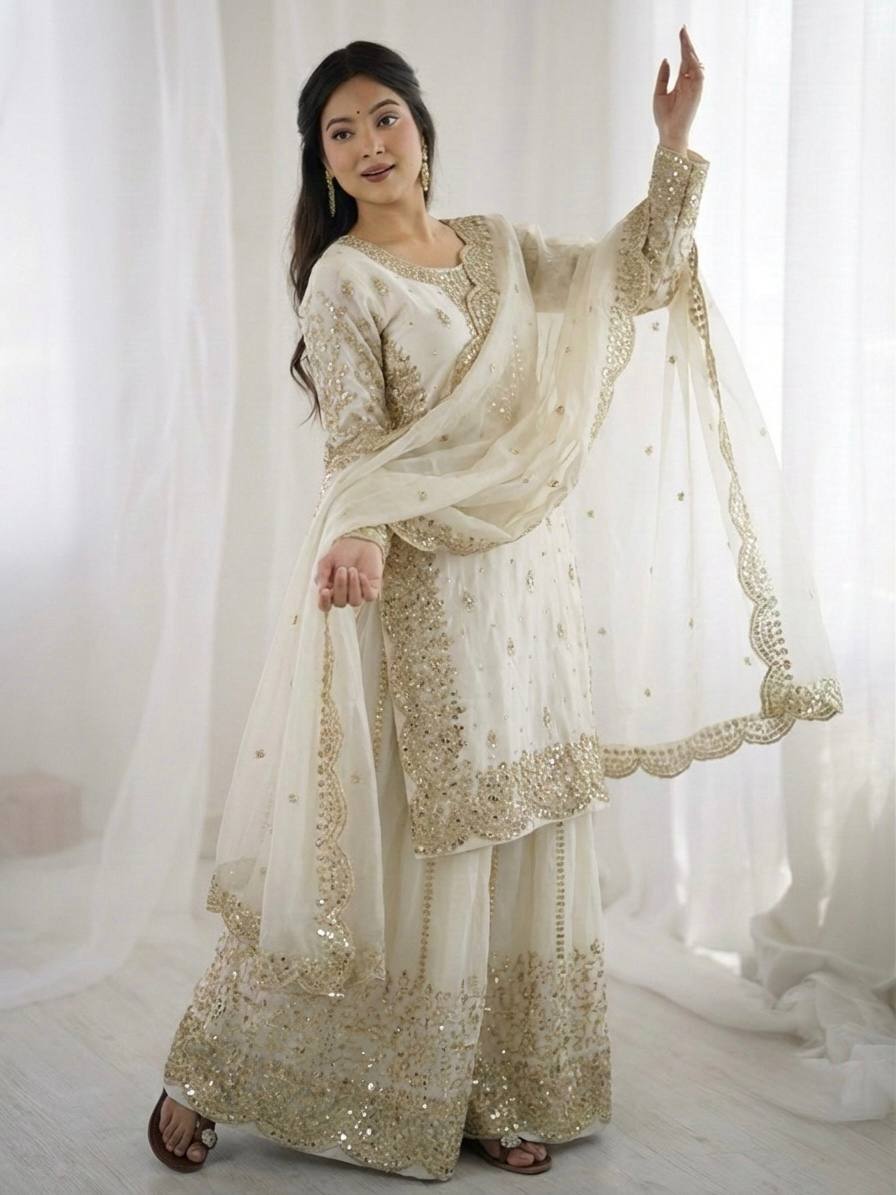 White Fendy Silk Embroidery Coding & Sequence Work Palazzo Suit with Dupatta