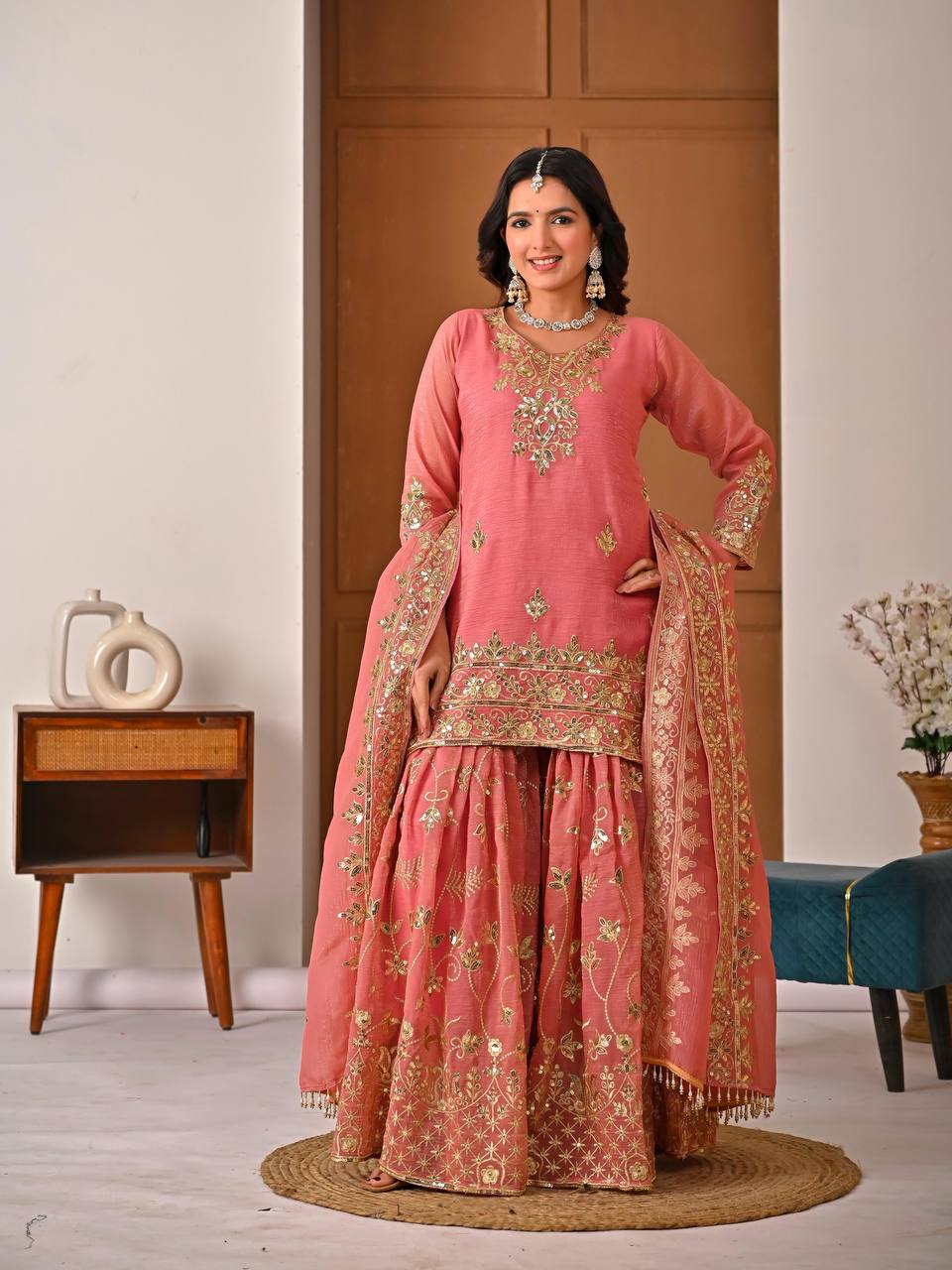 Pink  Crunchy Silk 5mm Sequence & Embroidery Work with  3-Piece Sharara Suit