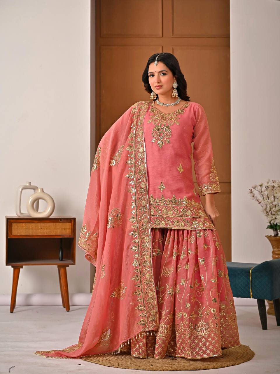 Peach Gajari Crunchy Silk 5mm Sequence Embroidere Sharara Suit with Dupatta
