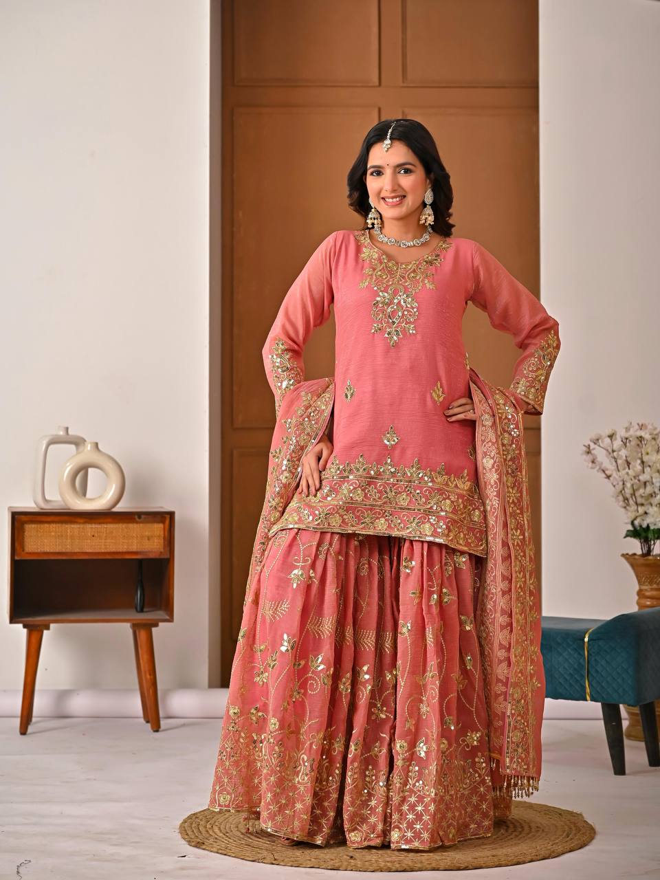 Pink  Crunchy Silk 5mm Sequence & Embroidery Work with  3-Piece Sharara Suit