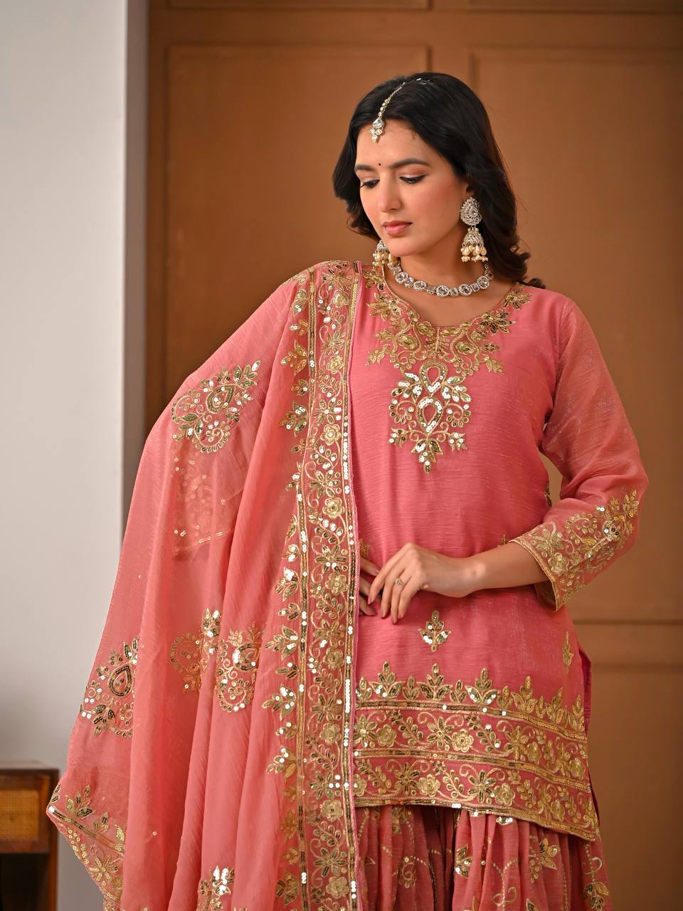Pink  Crunchy Silk 5mm Sequence & Embroidery Work with  3-Piece Sharara Suit