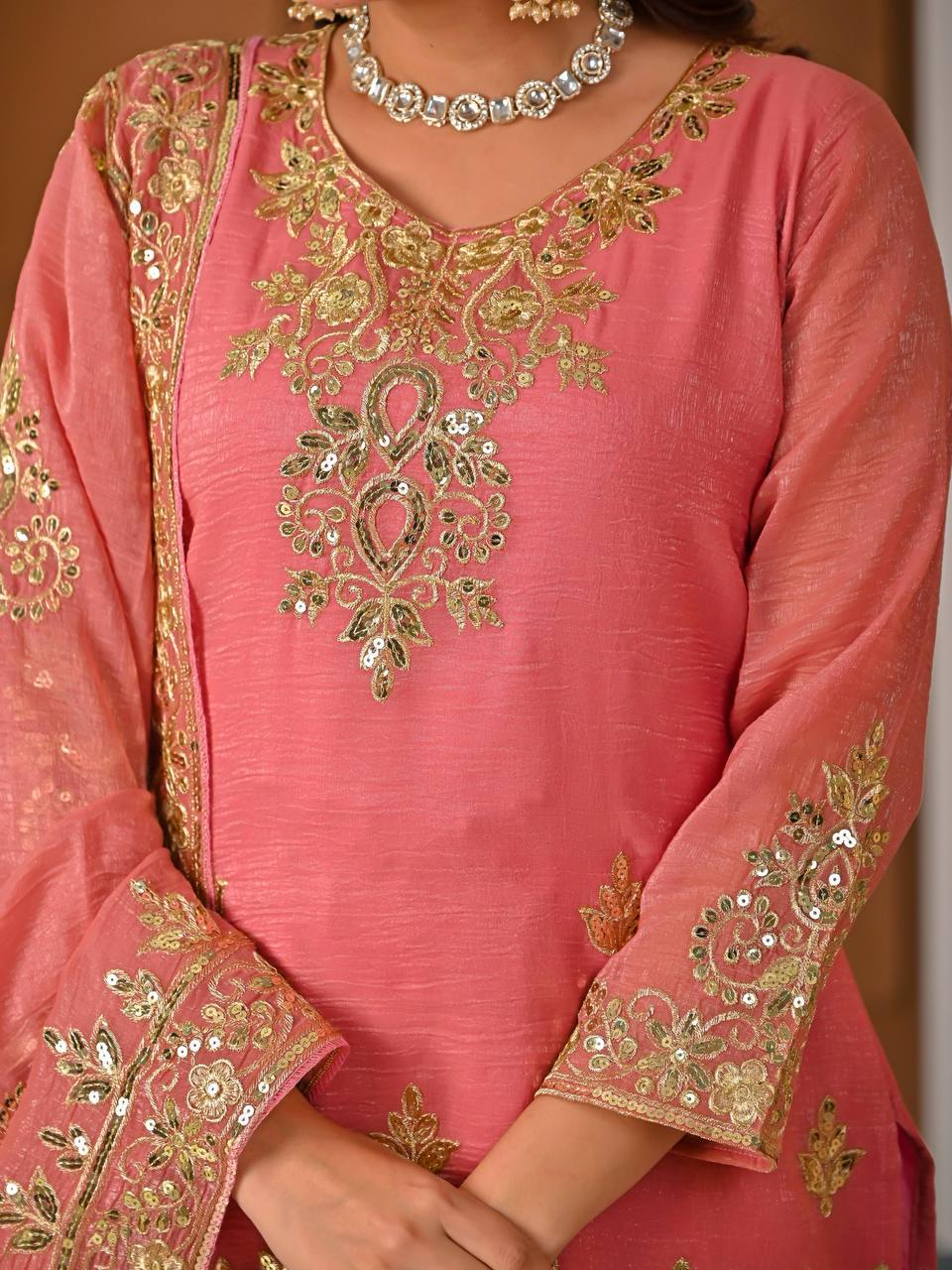 Pink  Crunchy Silk 5mm Sequence & Embroidery Work with  3-Piece Sharara Suit