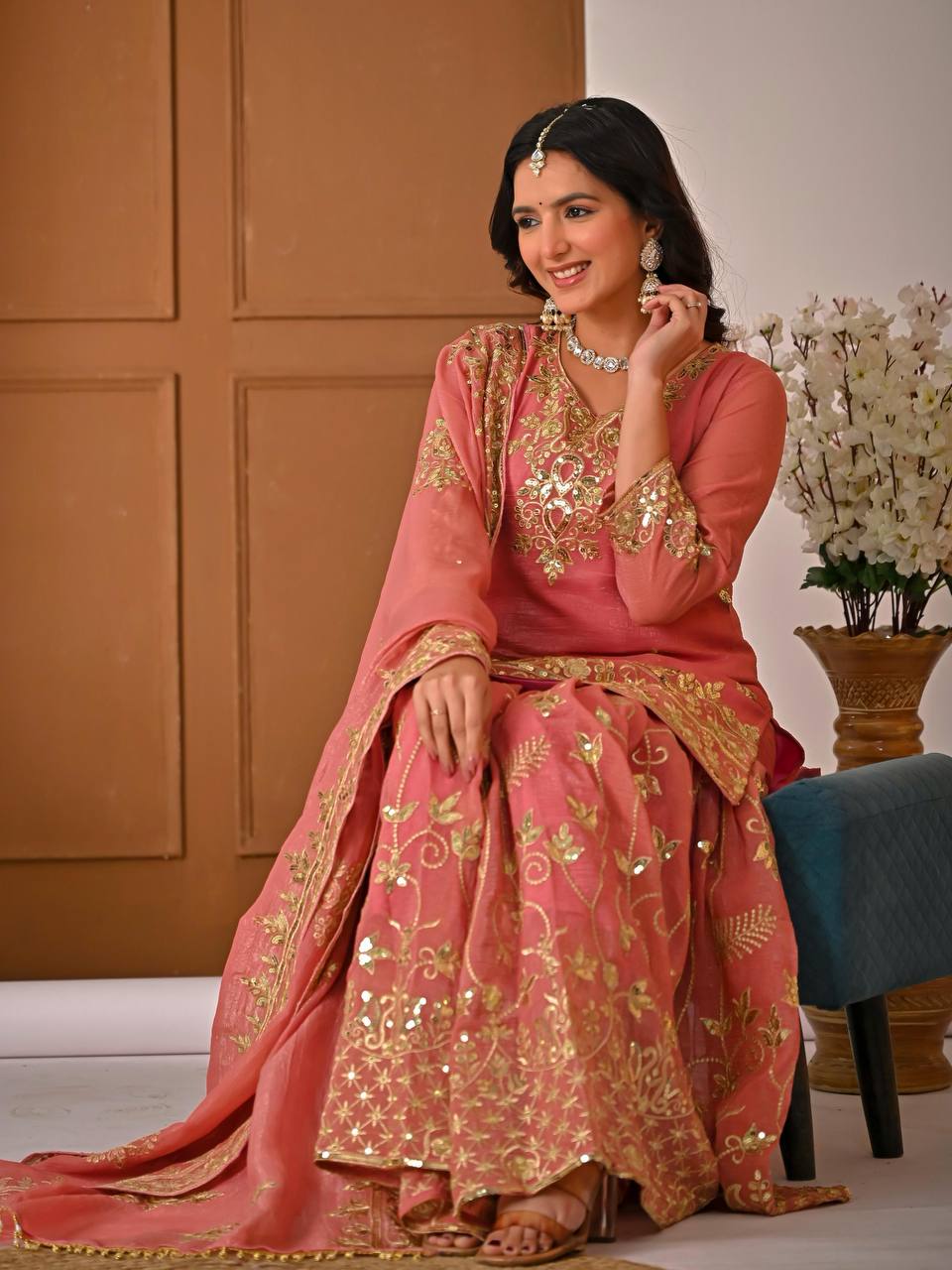 Pink  Crunchy Silk 5mm Sequence & Embroidery Work with  3-Piece Sharara Suit
