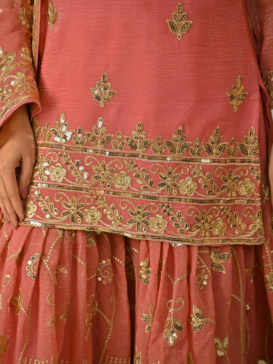 Pink  Crunchy Silk 5mm Sequence & Embroidery Work with  3-Piece Sharara Suit
