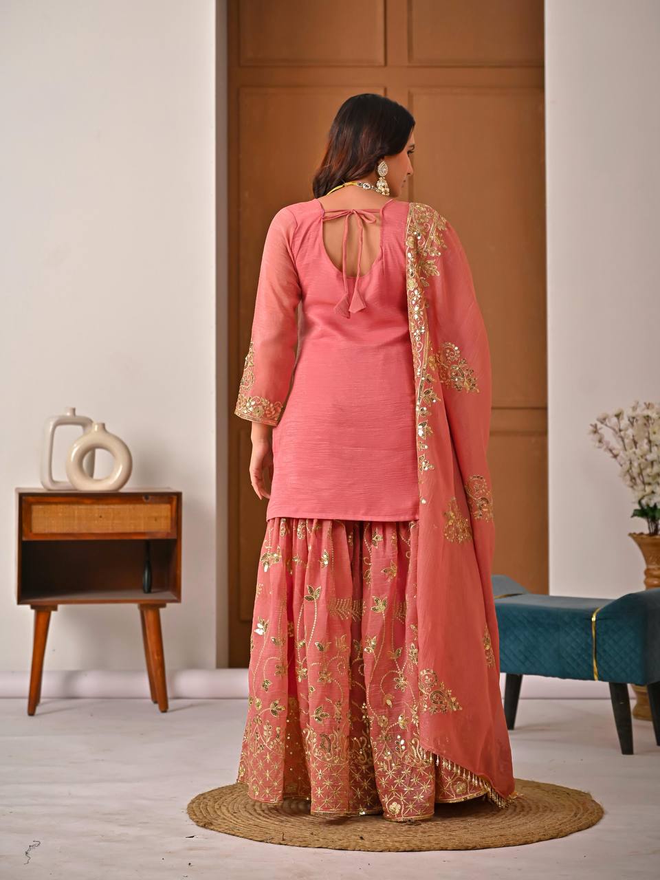 Pink  Crunchy Silk 5mm Sequence & Embroidery Work with  3-Piece Sharara Suit