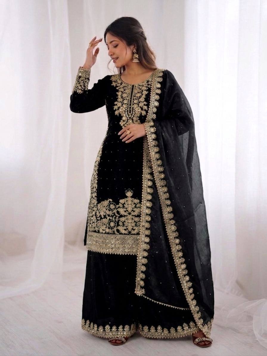 Black GMY Silk Heavy Embroidery Coding Sequence & Moti Work 3-Piece Palazzo Set
