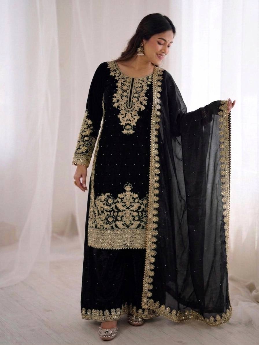 Black GMY Silk Heavy Embroidery Coding Sequence & Moti Work 3-Piece Palazzo Set