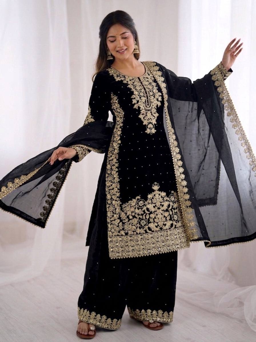 Black GMY Silk Heavy Embroidery Coding Sequence & Moti Work 3-Piece Palazzo Set