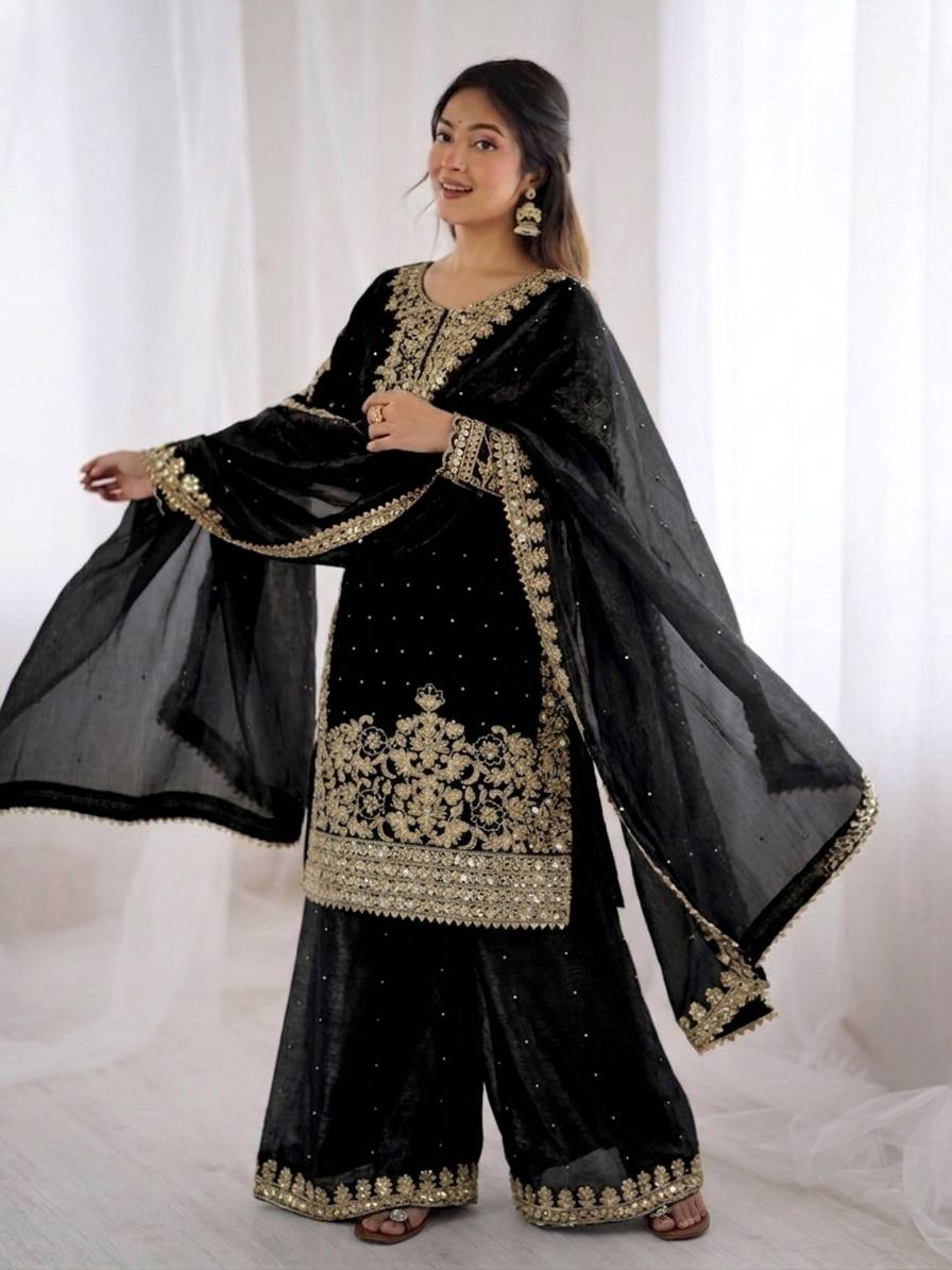 Black GMY Silk Heavy Embroidery Coding Sequence & Moti Work 3-Piece Palazzo Set