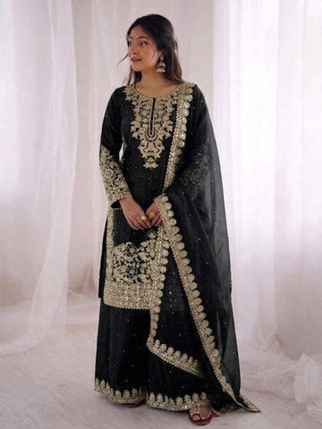 Black GMY Silk Heavy Embroidery Coding Sequence & Moti Work 3-Piece Palazzo Set