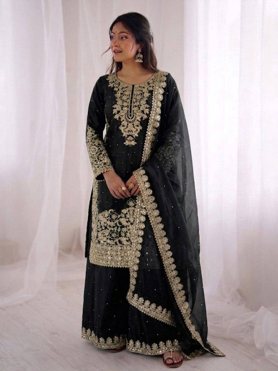 Black GMY Silk Heavy Embroidery Coding Sequence & Moti Work 3-Piece Palazzo Set