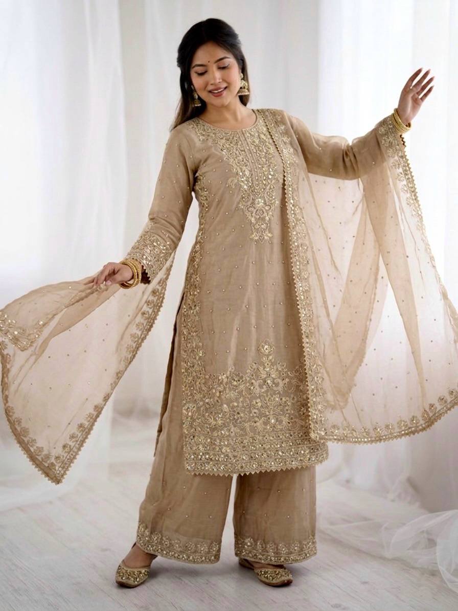 Creame GMY Silk Heavy Embroidery Coding Sequence & Moti Work 3-Piece Palazzo Set