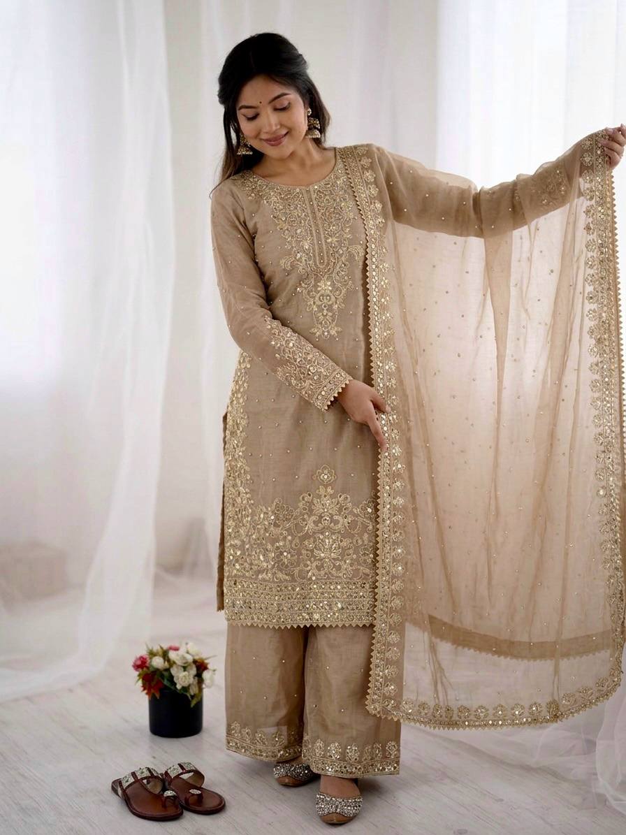 Creame GMY Silk Heavy Embroidery Coding Sequence & Moti Work 3-Piece Palazzo Set
