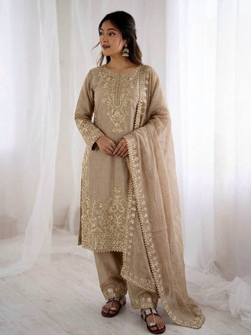 Creame GMY Silk Heavy Embroidery Coding Sequence & Moti Work 3-Piece Palazzo Set