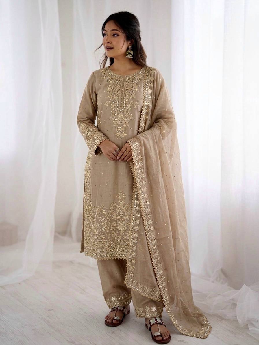 Creame GMY Silk Heavy Embroidery Coding Sequence & Moti Work 3-Piece Palazzo Set