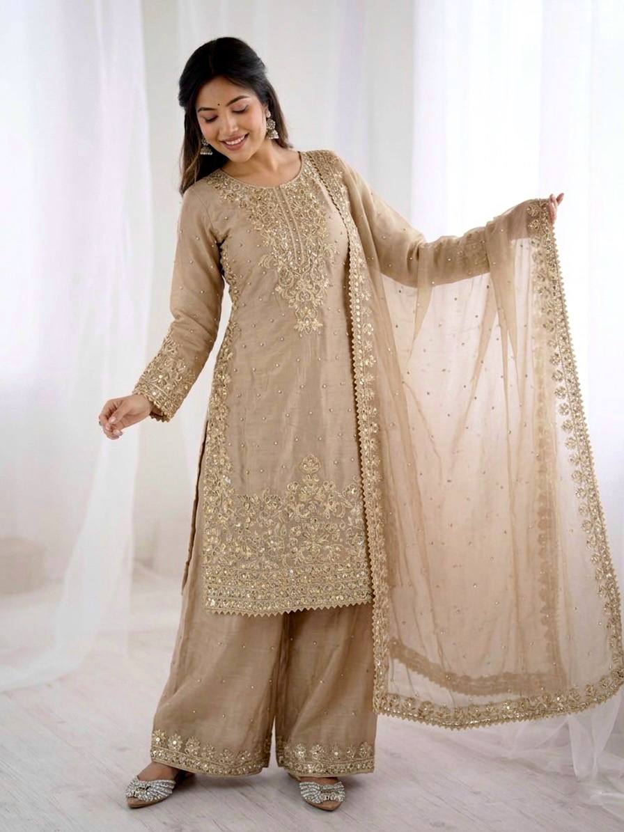 Creame GMY Silk Heavy Embroidery Coding Sequence & Moti Work 3-Piece Palazzo Set