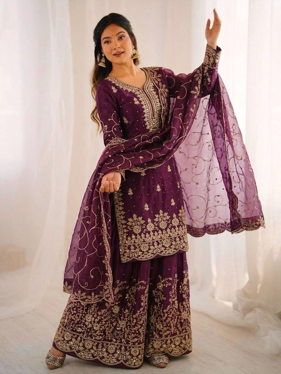 Purpal GMY Silk Embroidered Palazzo Suit with Dupatta