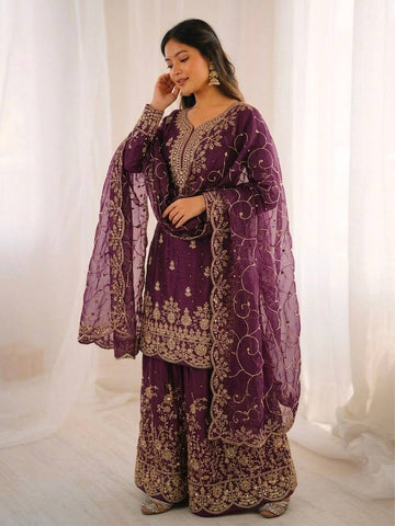 Purpal GMY Silk Embroidered Palazzo Suit with Dupatta
