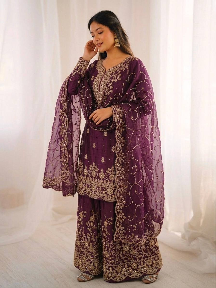 Purpal GMY Silk Embroidered Palazzo Suit with Dupatta