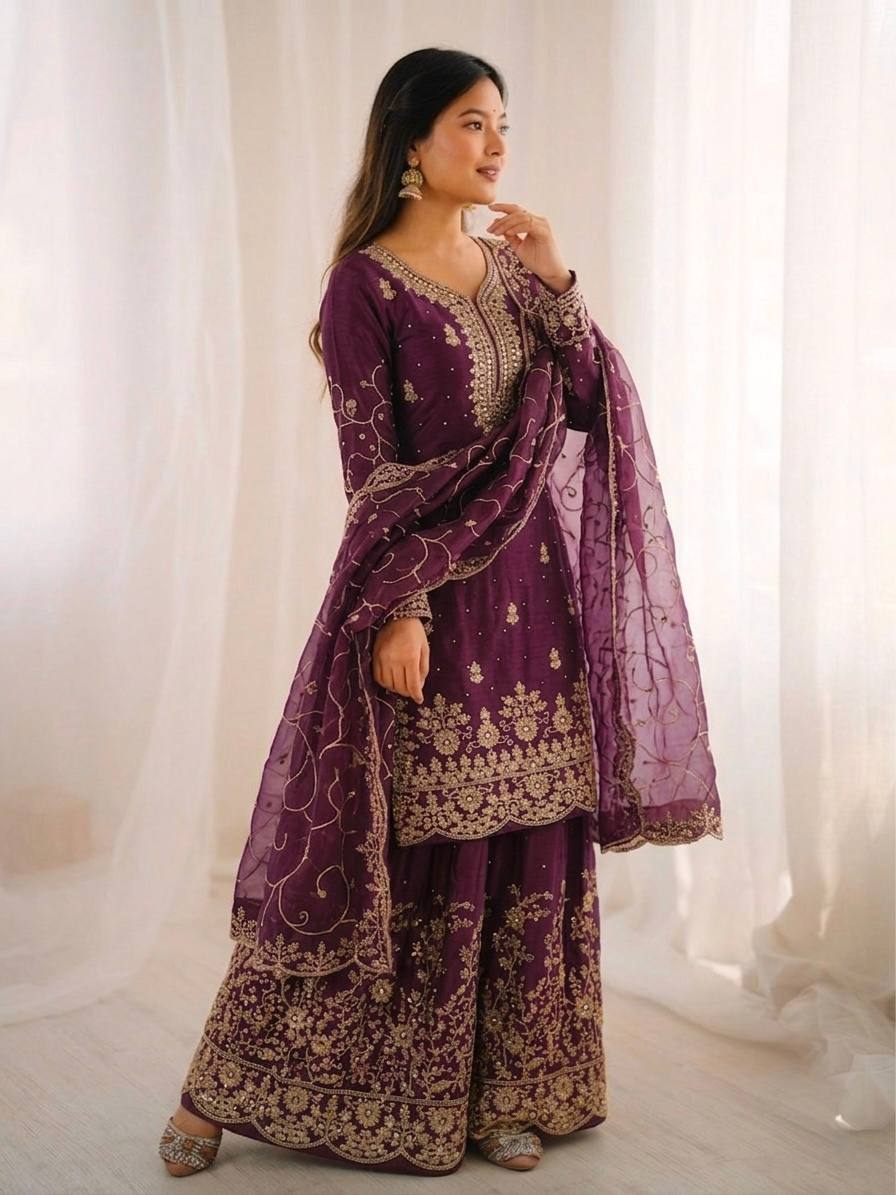 Purpal GMY Silk Embroidered Palazzo Suit with Dupatta