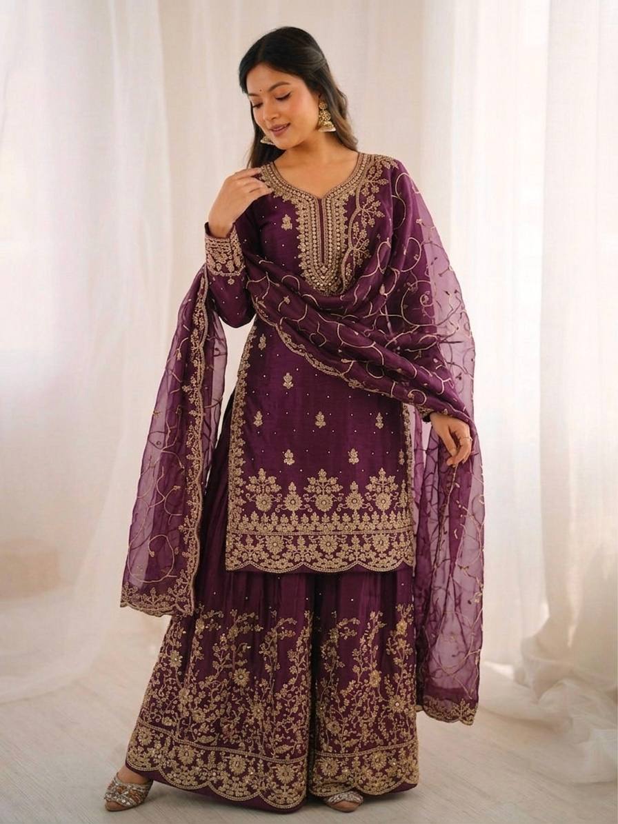 Purpal GMY Silk Embroidered Palazzo Suit with Dupatta