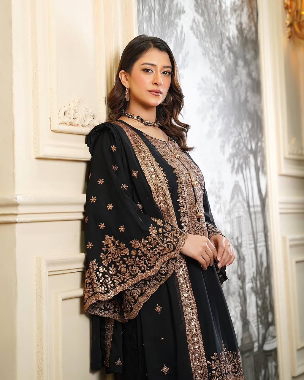 Black Fendy Silk Embroidery Sequence Work 3-Piece Sharara with Lace Border