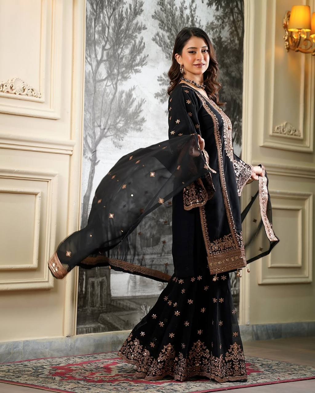 Black Fendy Silk Embroidery Sequence Work 3-Piece Sharara with Lace Border