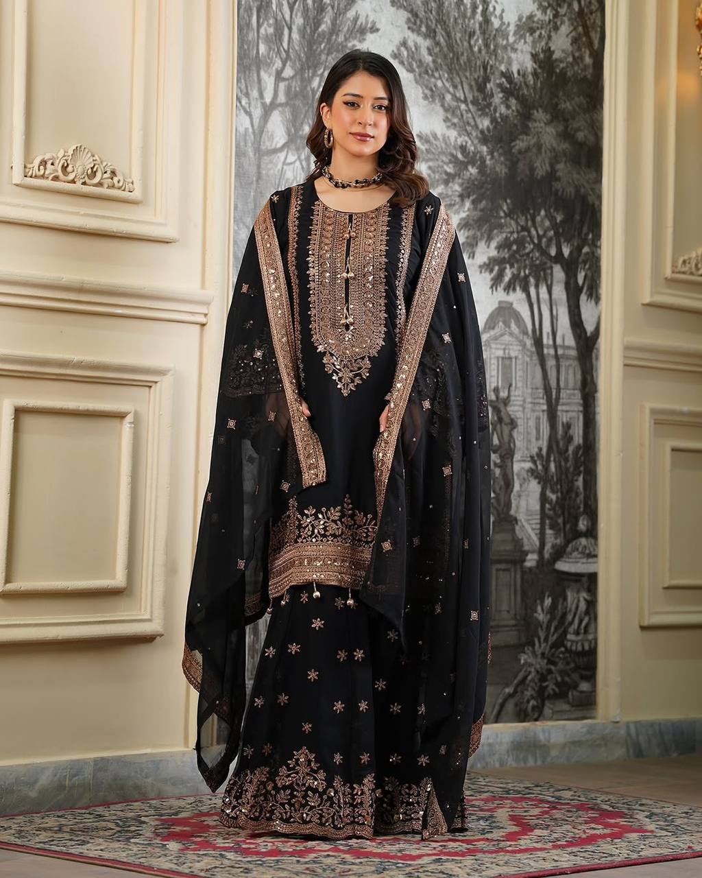 Black Fendy Silk Embroidery Sequence Work 3-Piece Sharara with Lace Border