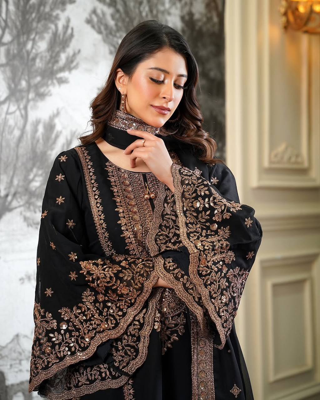Black Fendy Silk Embroidery Sequence Work 3-Piece Sharara with Lace Border