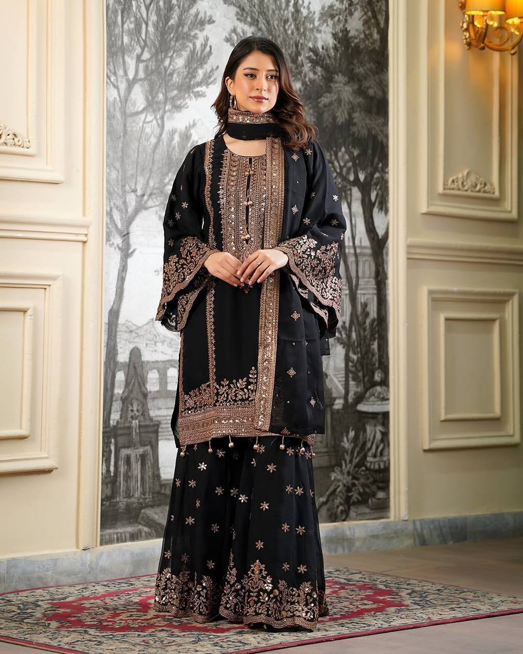 Black Fendy Silk Embroidery Sequence Work 3-Piece Sharara with Lace Border