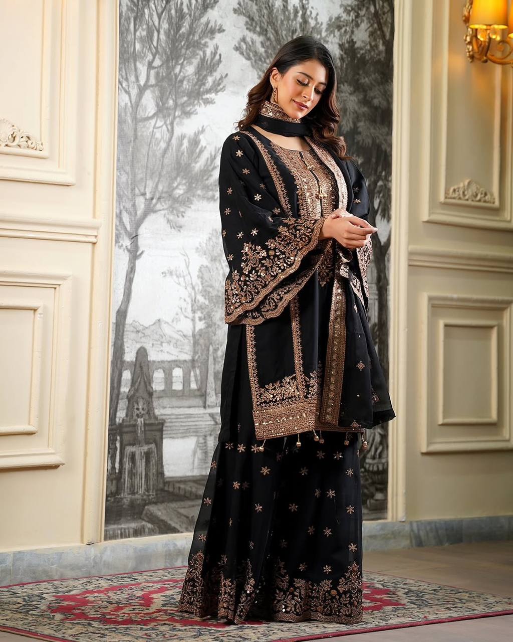 Black Fendy Silk Embroidery Sequence Work 3-Piece Sharara with Lace Border