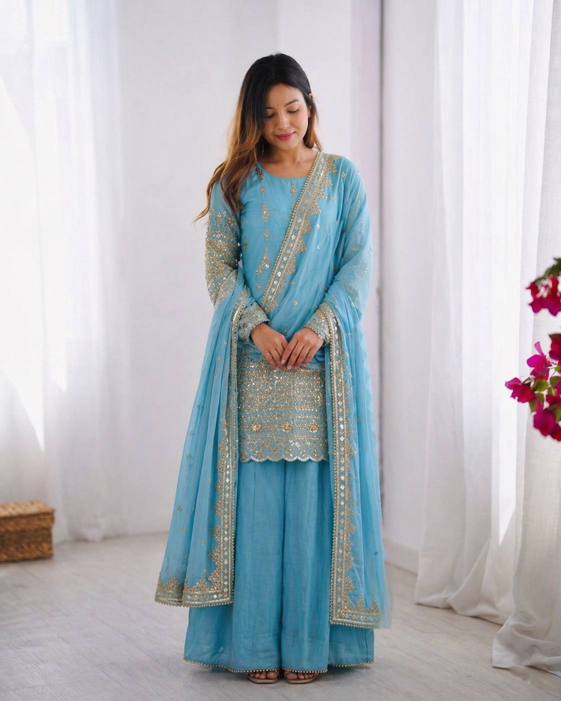 Aqua Blue Vichitra Silk Embroidere Sharara Suit with Dupatta