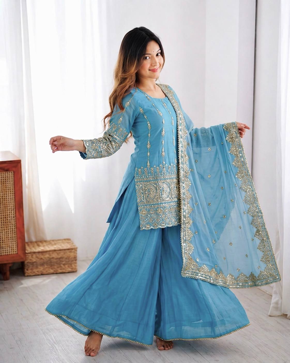 Aqua Blue Vichitra Silk Embroidere Sharara Suit with Dupatta