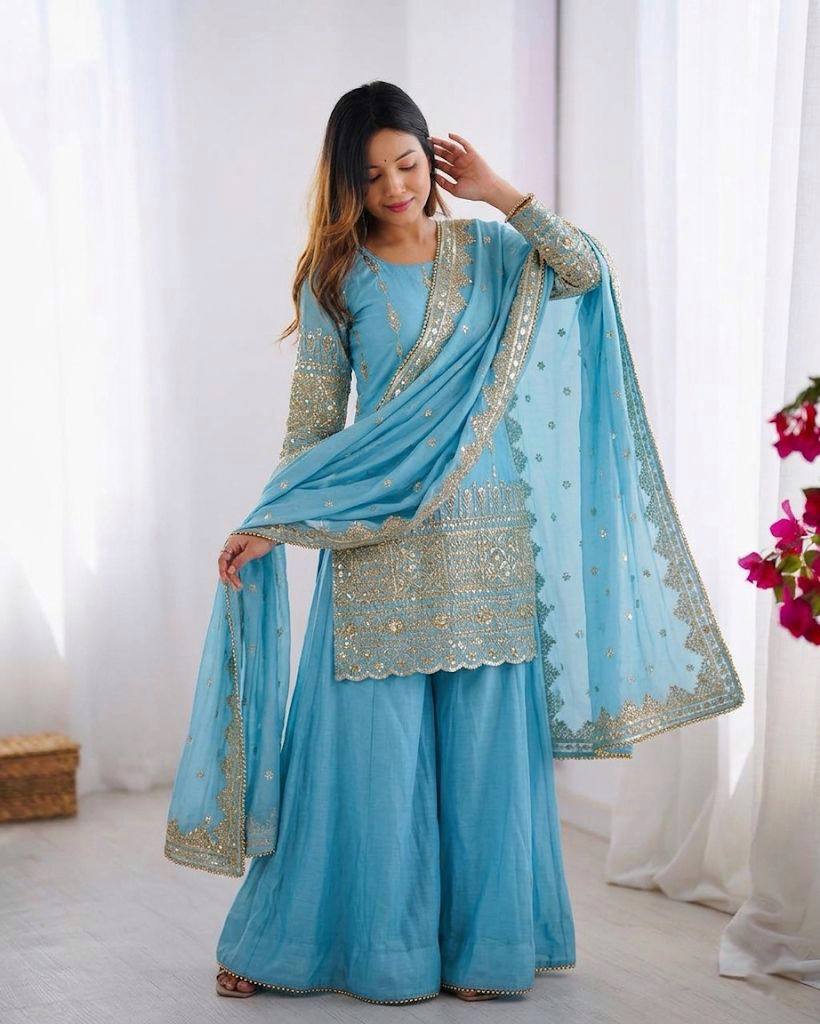 Aqua Blue Vichitra Silk Embroidere Sharara Suit with Dupatta