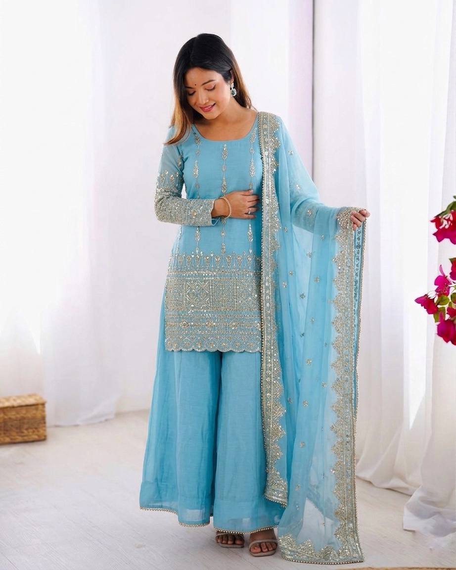 Aqua Blue Vichitra Silk Embroidere Sharara Suit with Dupatta