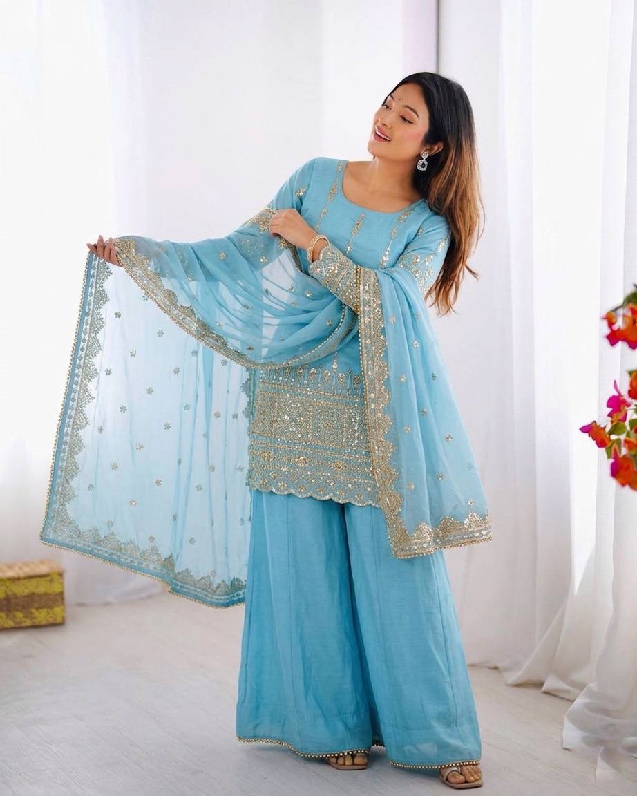 Aqua Blue Vichitra Silk Embroidere Sharara Suit with Dupatta