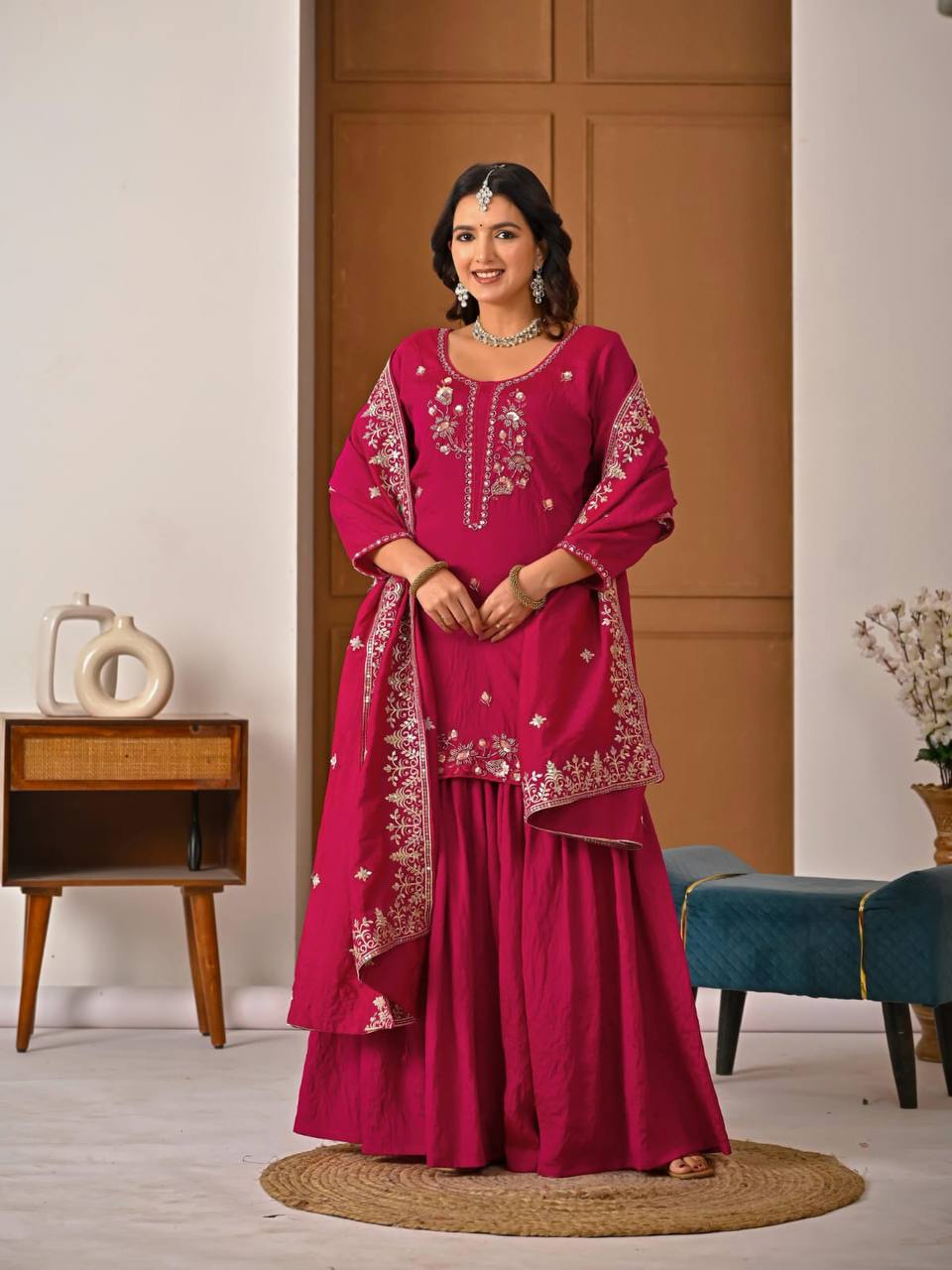 Rani Vichitra Silk 3-Piece Sharara Suit with Bits Hand Work