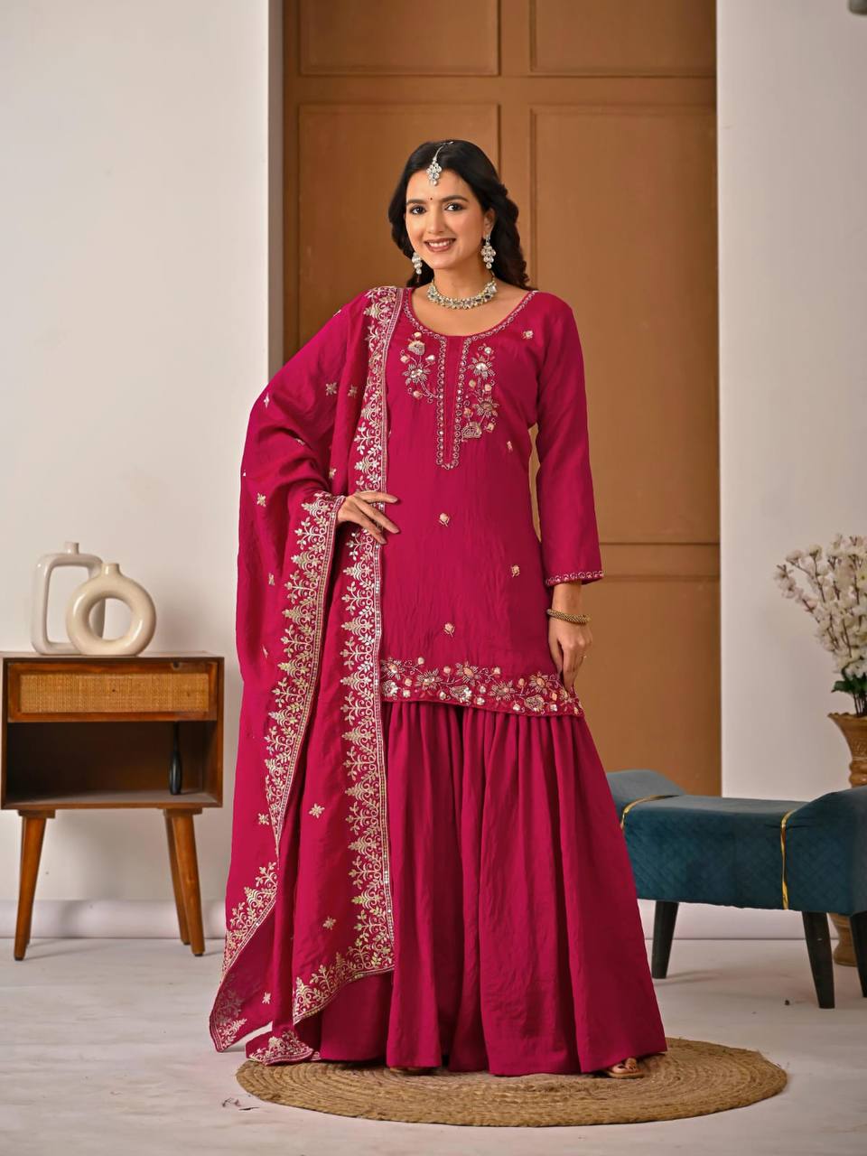 Rani Vichitra Silk 3-Piece Sharara Suit with Bits Hand Work