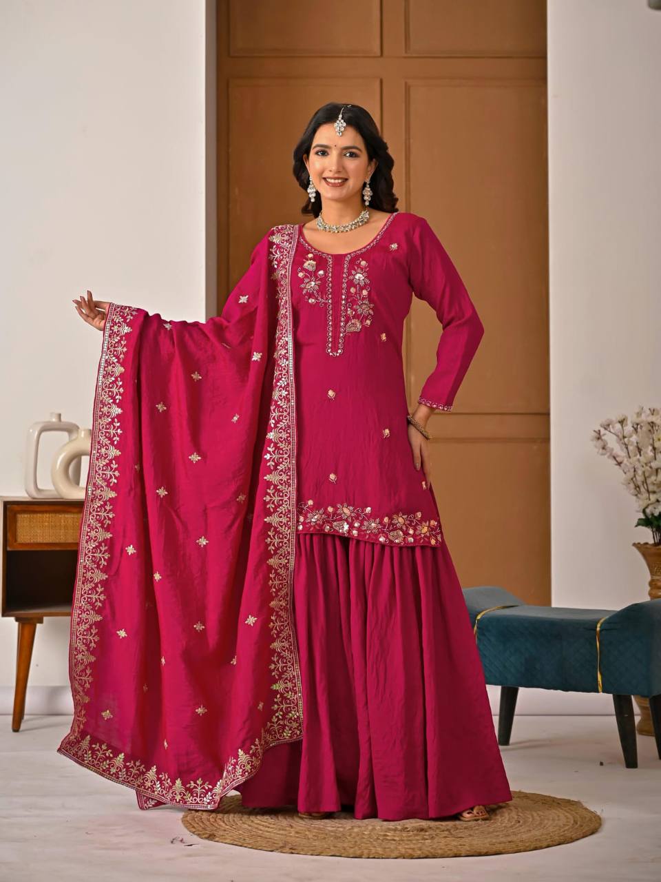 Rani Vichitra Silk 3-Piece Sharara Suit with Bits Hand Work