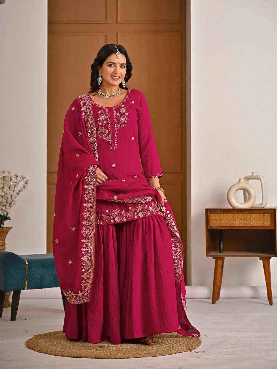 Rani Vichitra Silk 3-Piece Sharara Suit with Bits Hand Work