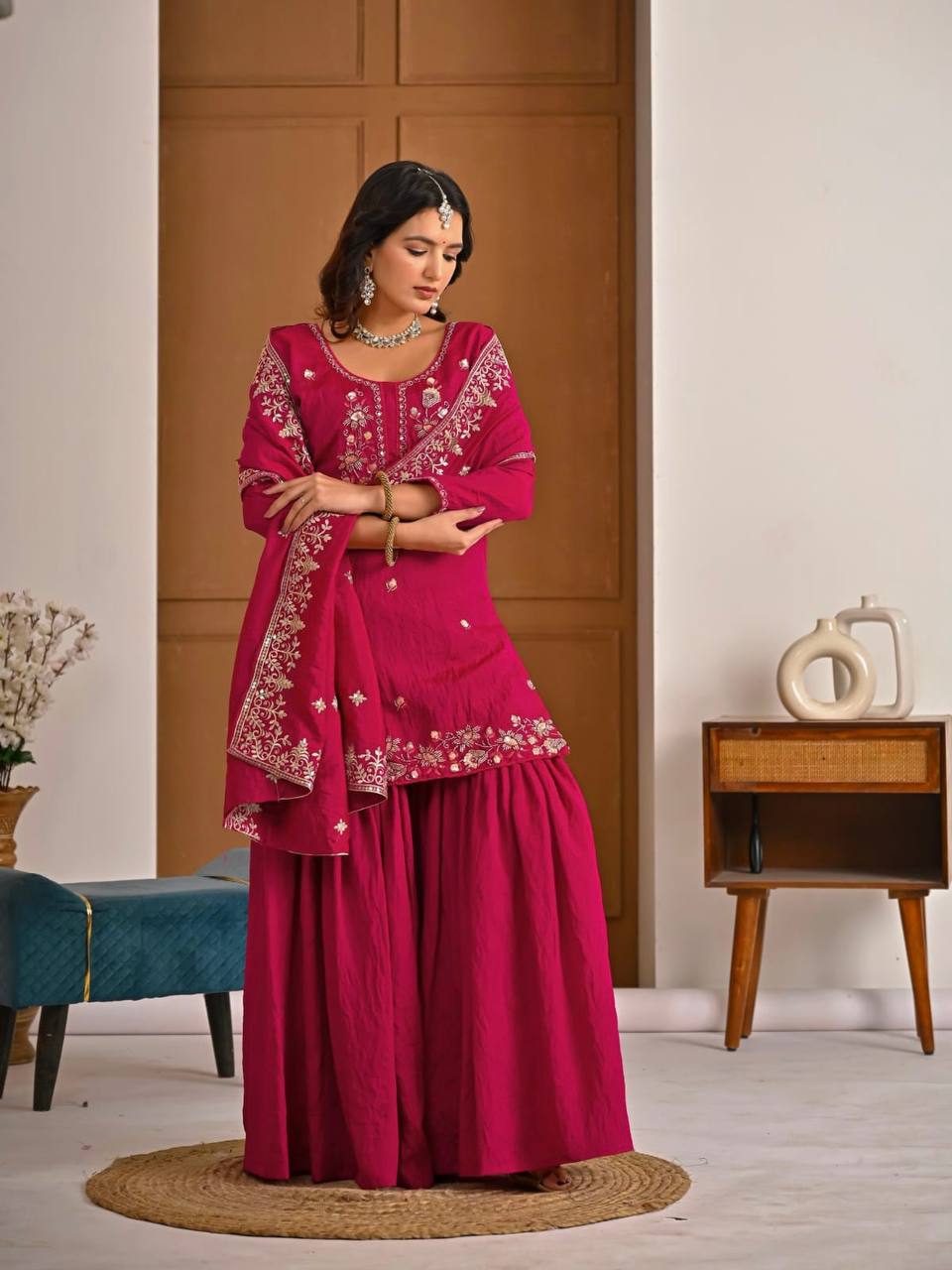 Rani Vichitra Silk 3-Piece Sharara Suit with Bits Hand Work